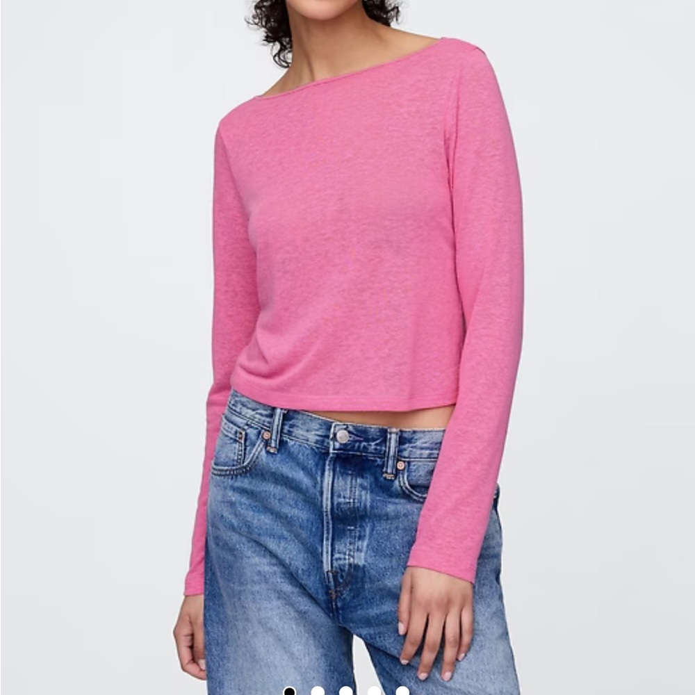 Gap Linen-Blend Boatneck Crop Top Large Tall | Navy | Long Sleeve